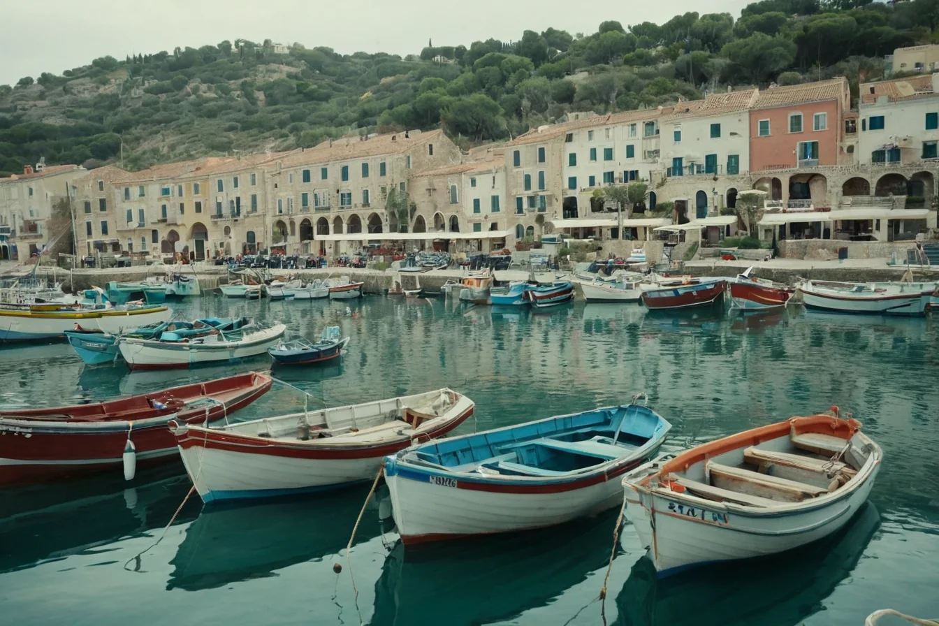 Fishing boats moored in a quiet harbor with colorful buildings on a hillside behind.