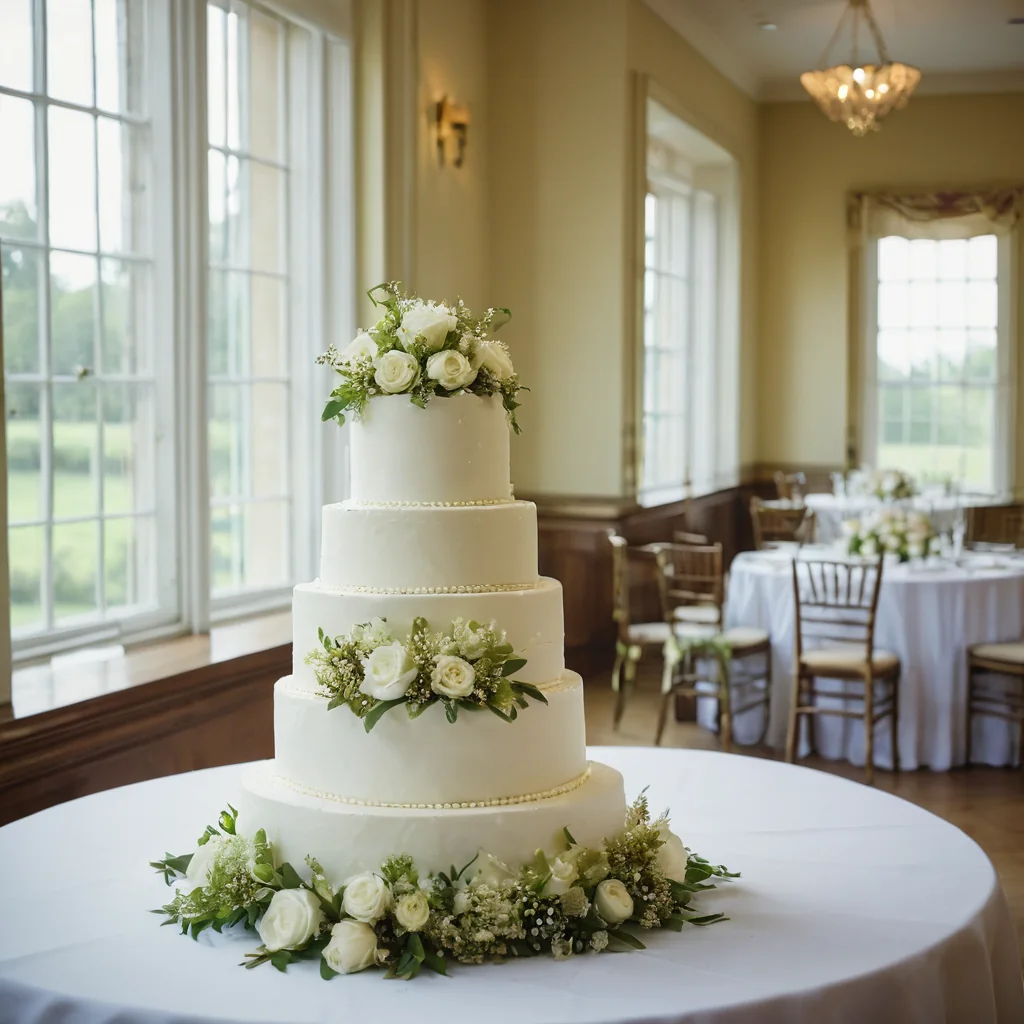 Five-tiered white wedding cake decorated with white roses and greenery on a white tablecloth in a banquet hall.