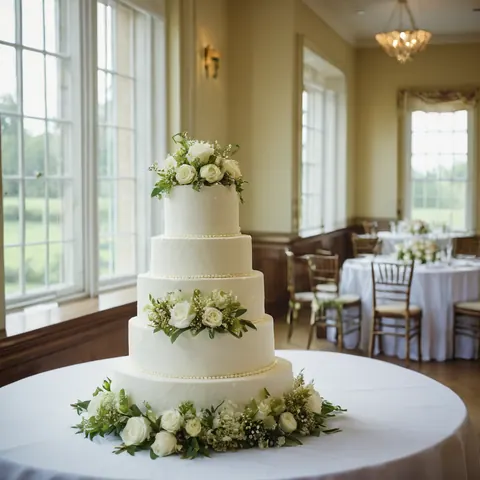 Five-tiered white wedding cake decorated with white roses and greenery on a white tablecloth in a banquet hall.