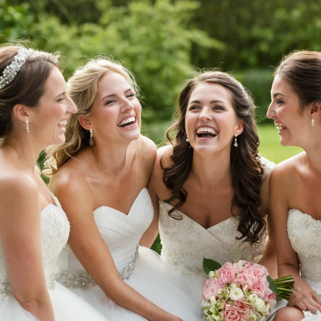 Four brides in white gowns laughing together holding a pink rose bouquet outdoors.