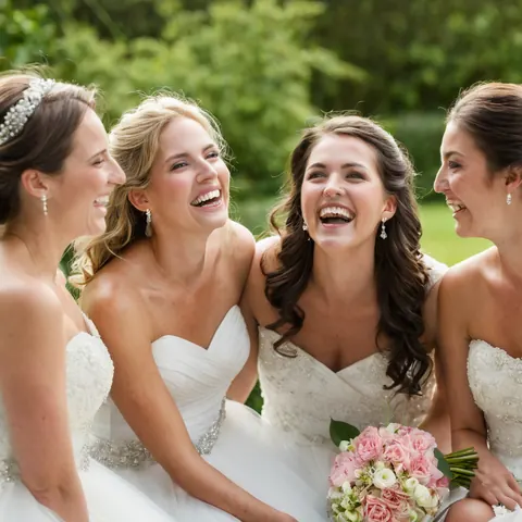 Four brides in white gowns laughing together holding a pink rose bouquet outdoors.