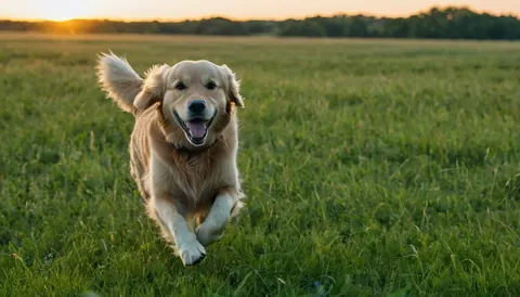 Golden retriever running through green grass at golden hour sunset
