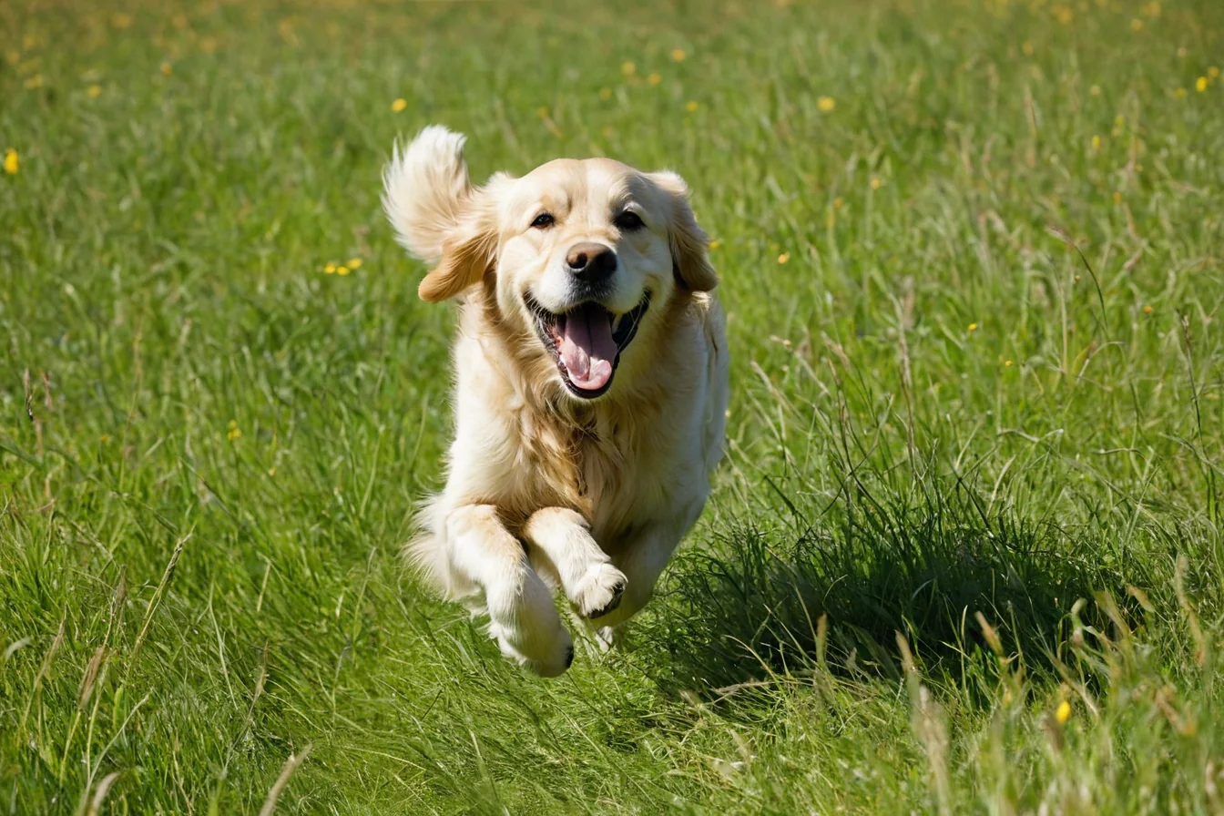 Golden retriever running through green grass with yellow flowers on a sunny day
