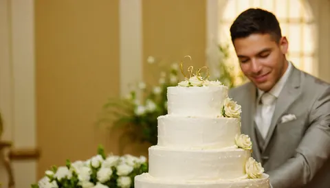 Groom cutting white wedding cake with gold heart topper and roses