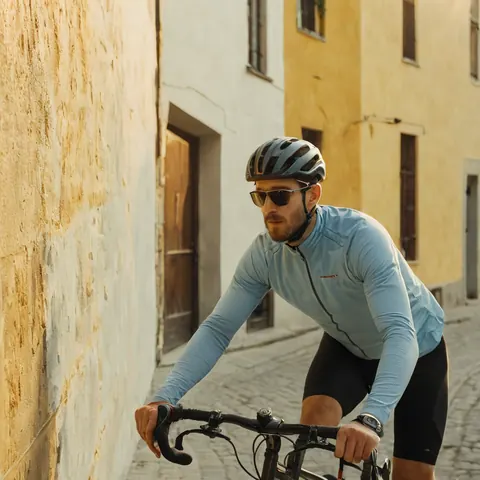 Man cycling on a narrow cobblestone street between old buildings in warm sunlight