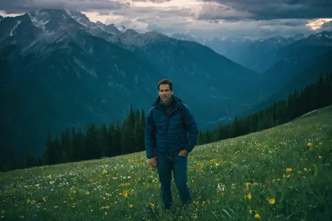 Man in blue jacket standing in flower meadow with mountains and trees behind him