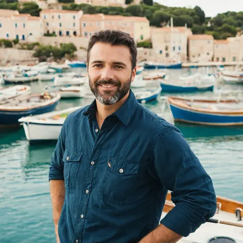Man in blue shirt smiling on boat with boats and village in background