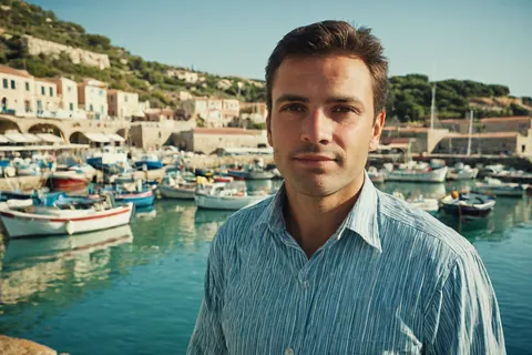 Man in blue striped shirt standing by harbor with boats and buildings behind him