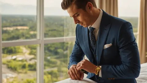 Man in blue suit adjusting cufflink near window with green view