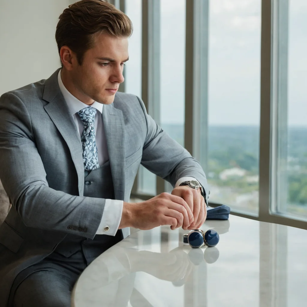 Man in gray suit adjusting cufflinks at marble table near window with city view
