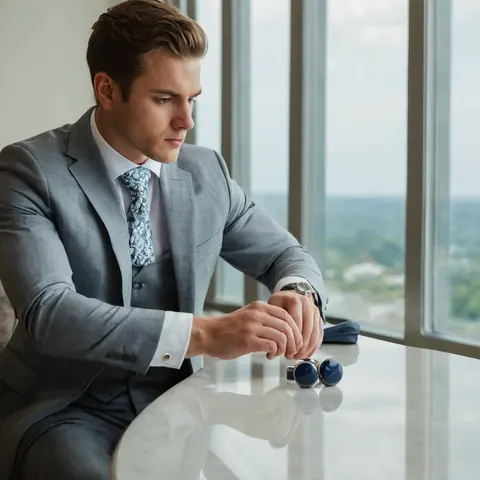 Man in gray suit adjusting cufflinks at marble table near window with city view