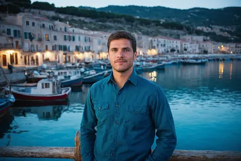 Man in teal shirt standing by harbor railing at dusk with boats and lit buildings behind him