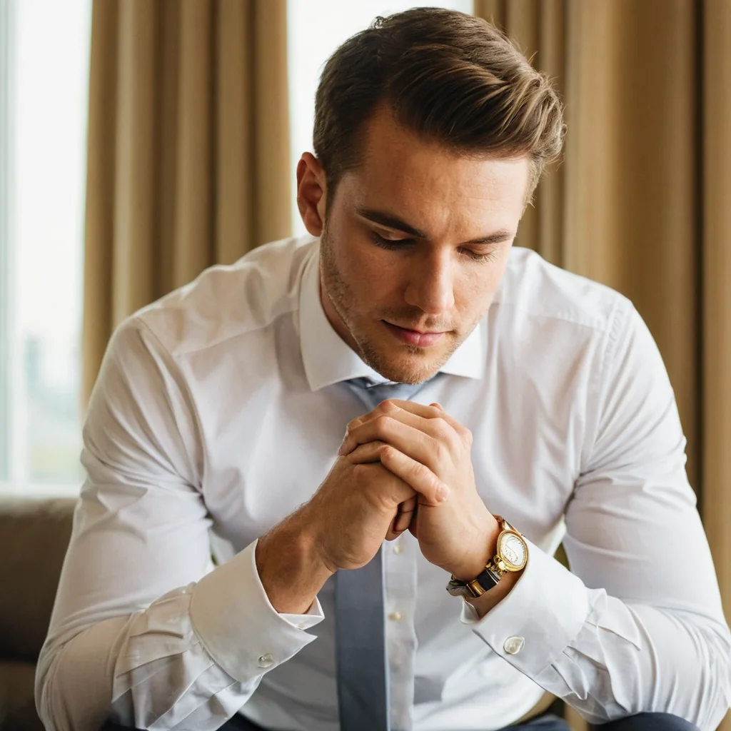 Man in white shirt and tie clasping hands with eyes closed indoors