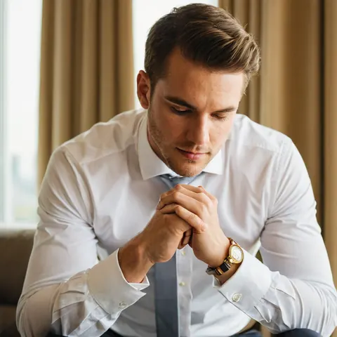 Man in white shirt and tie clasping hands with eyes closed indoors