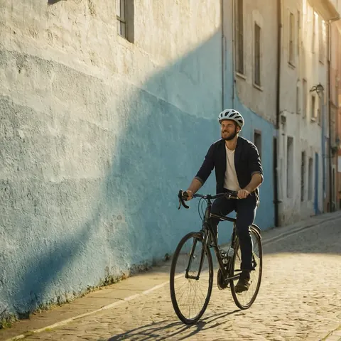 Man riding bicycle on cobblestone street beside blue and white wall