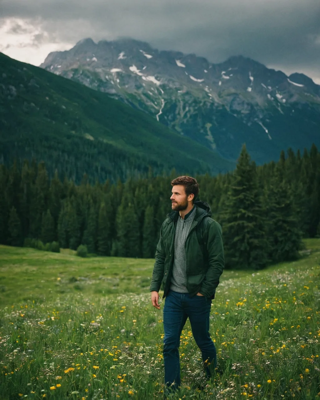 Man standing in a grassy meadow with yellow flowers near pine trees and snow-capped mountains under cloudy sky