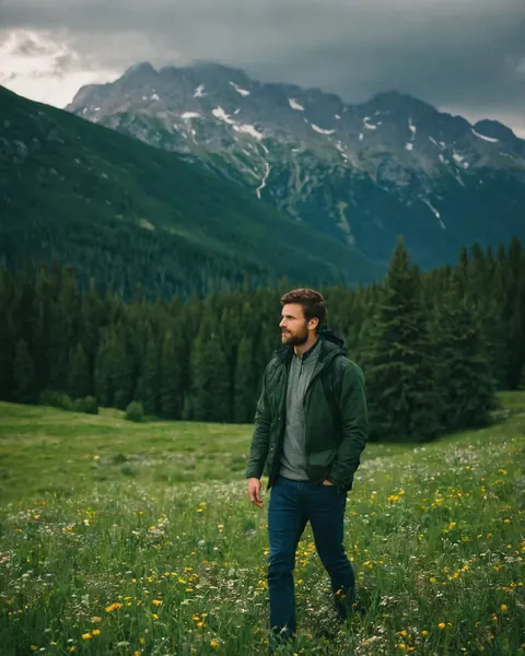 Man standing in a grassy meadow with yellow flowers near pine trees and snow-capped mountains under cloudy sky