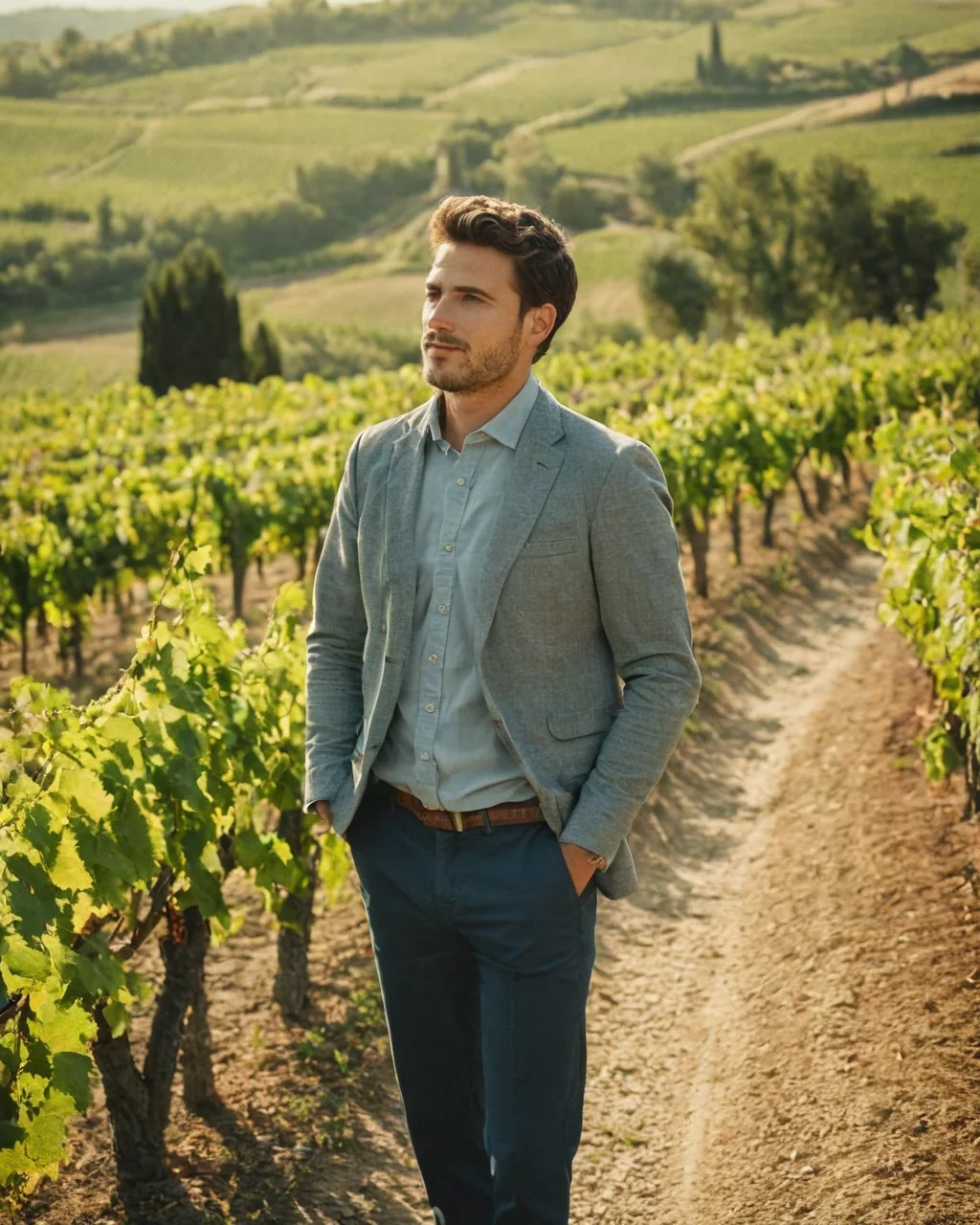 Man walking through a vineyard with hands in pockets on a sunny day