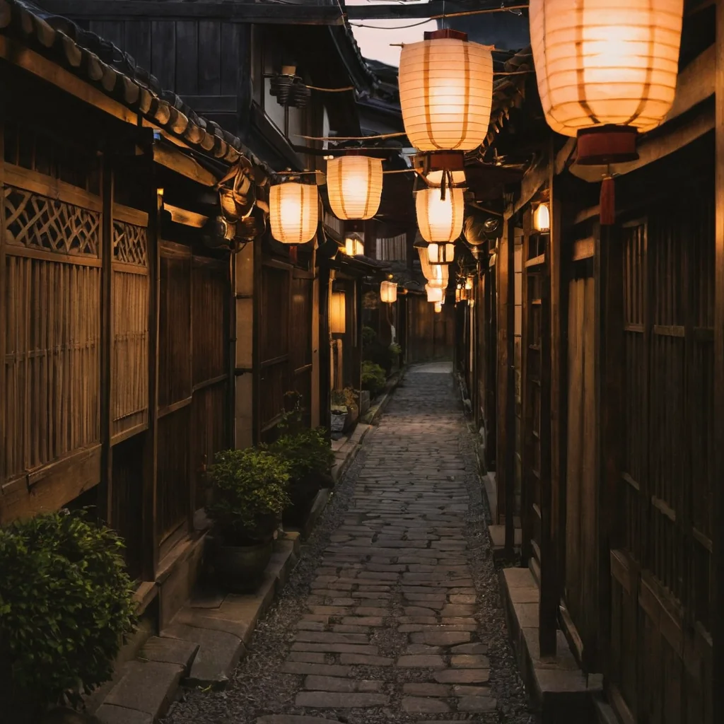Narrow alleyway with stone path and hanging lanterns between wooden buildings at dusk