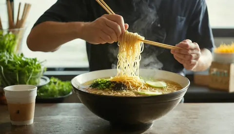 Person lifting steaming ramen noodles with chopsticks at a restaurant table