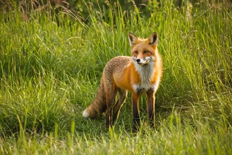 Red fox standing in tall green grass on a sunny day