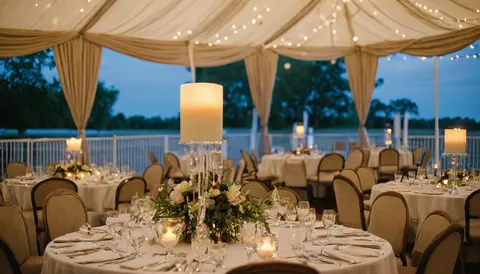 Round tables with candles and flowers under a draped tent at dusk
