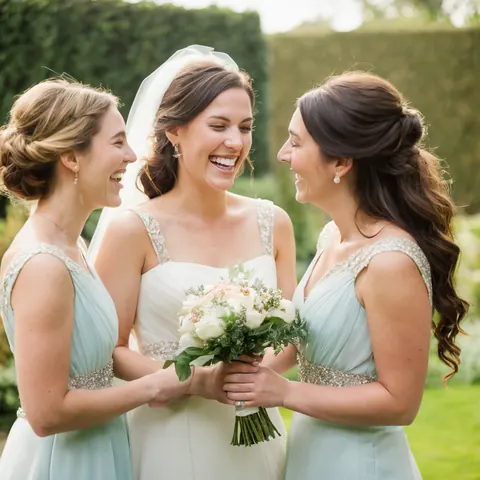 Three bridesmaids in mint dresses laughing while holding a bride's bouquet outdoors.