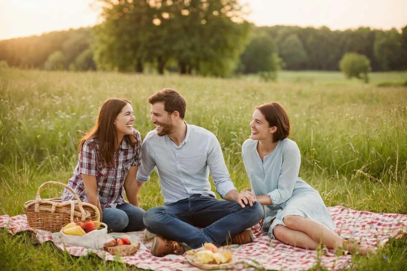 Three people laughing and enjoying a picnic on a blanket in a grassy field at sunset.