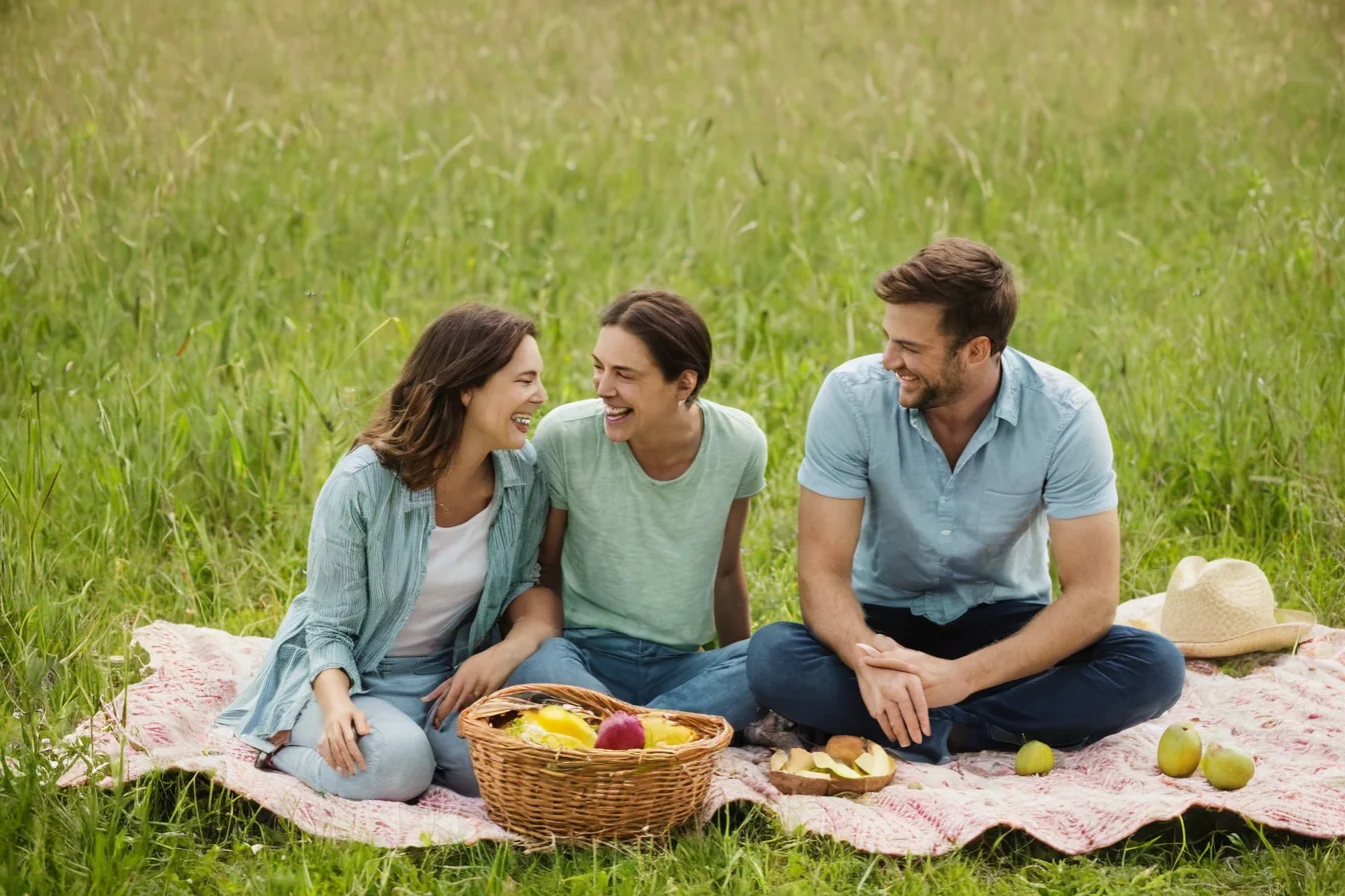 Three people laughing during a picnic in a grassy field with a basket and fruit.