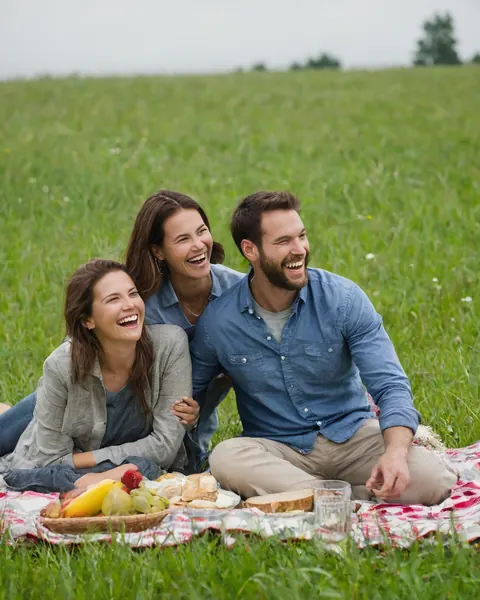 Three people laughing during a picnic on a grassy field with food and drinks.