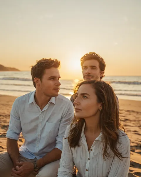Three people sitting on a beach watching the sunset over the ocean.