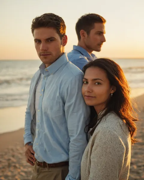 Three people standing on a beach at sunset with ocean waves behind them
