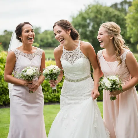 Three women in wedding attire laughing outdoors holding white rose bouquets