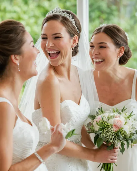 Three women in wedding dresses laughing together holding a floral bouquet