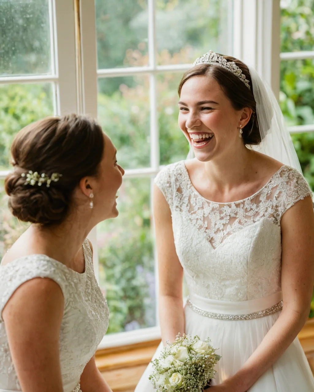 Two brides in white lace dresses laughing together by a window with greenery outside.