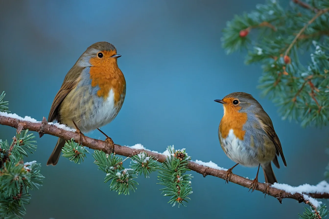 Two robins on a snowy pine branch in winter forest