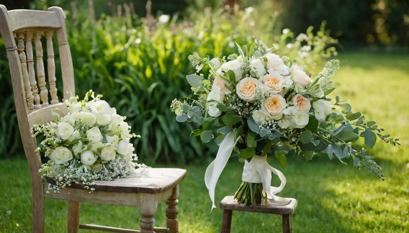 Two wedding bouquets with roses and greenery on wooden furniture in a sunny garden.