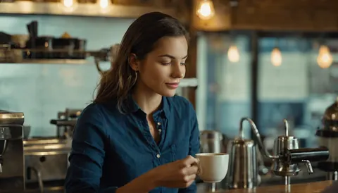Woman holding coffee cup at cafe counter with stainless steel equipment and warm lighting