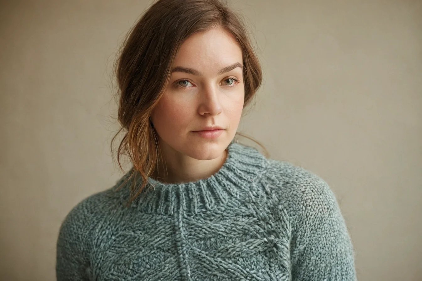 Woman in teal knit sweater with brown hair and green eyes against beige background