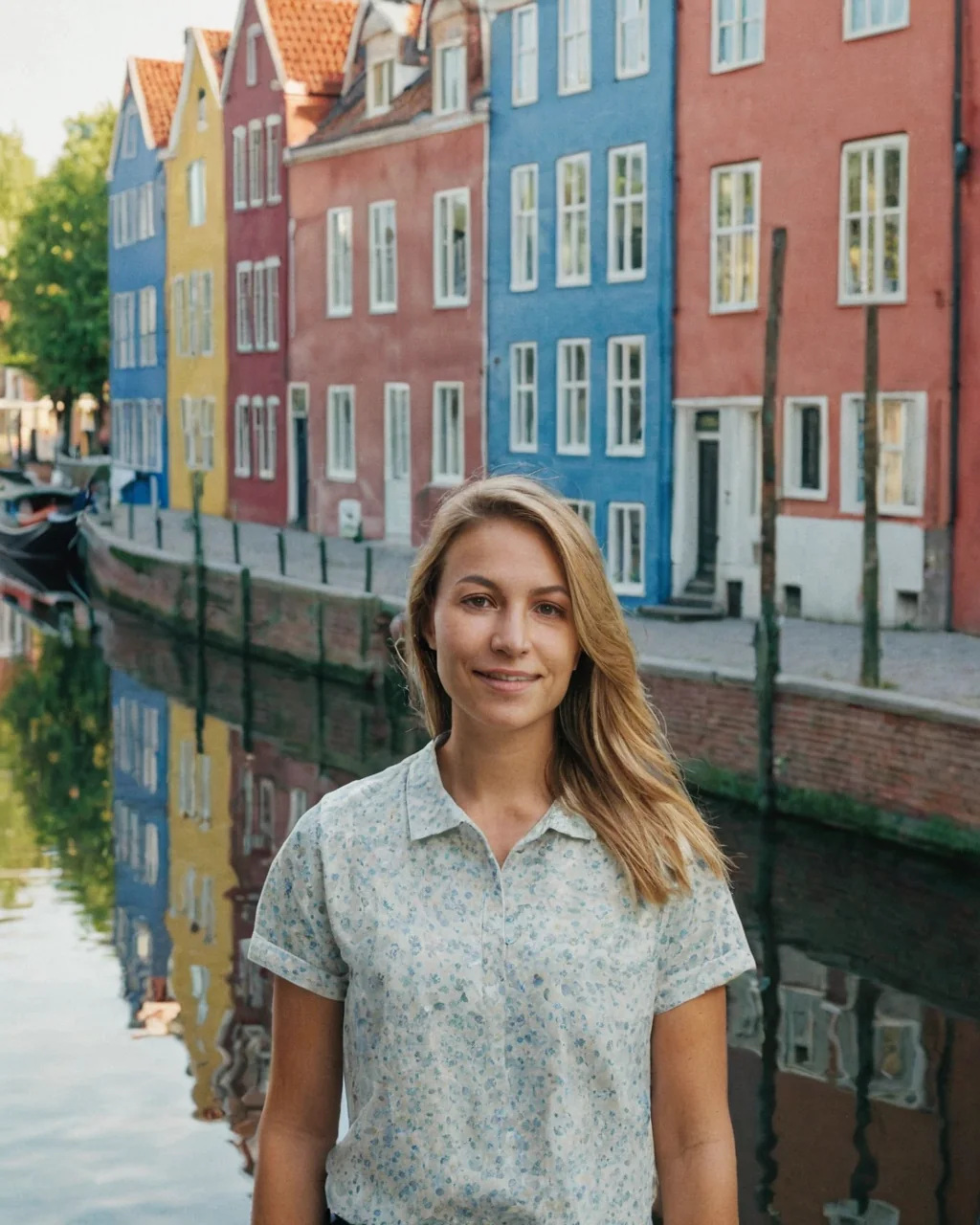 Woman standing by canal with colorful houses reflected in water