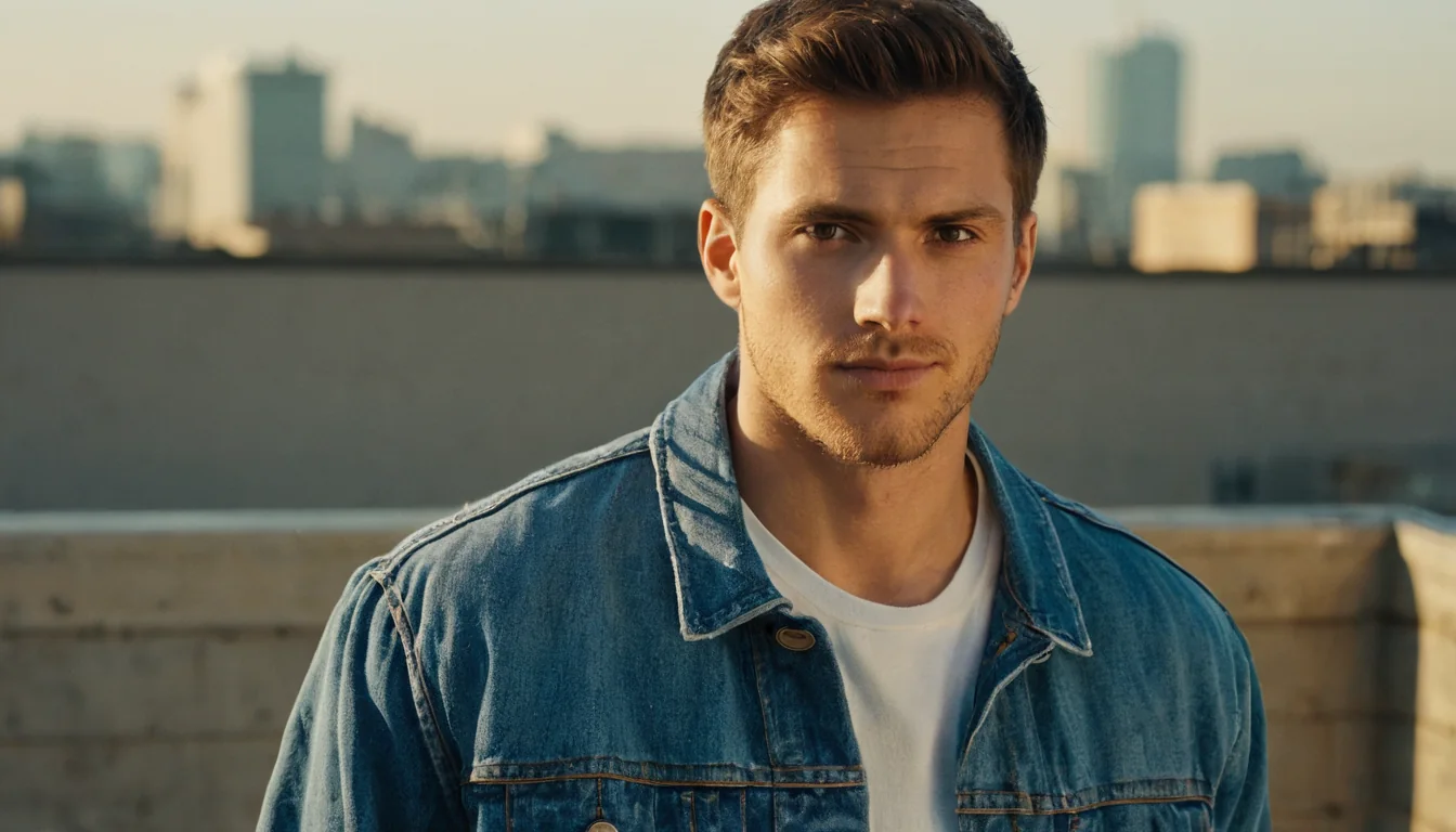 Young man in denim jacket on city rooftop at sunset