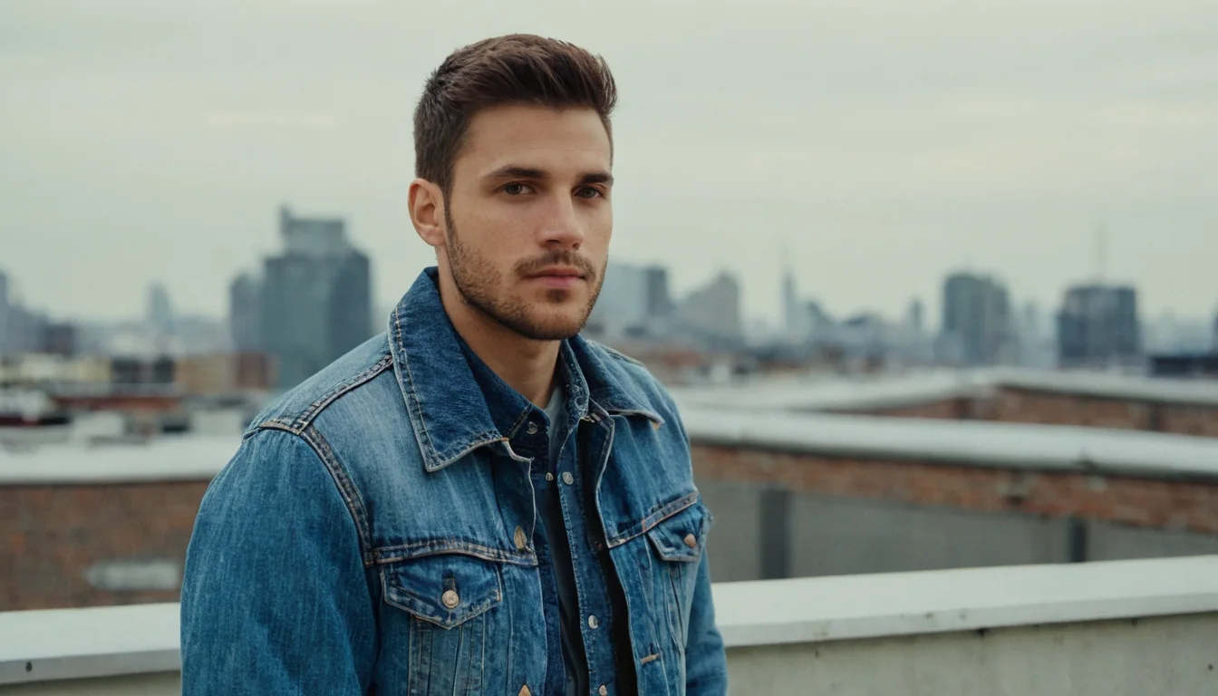 Young man in denim jacket on city rooftop with blurred skyline behind him