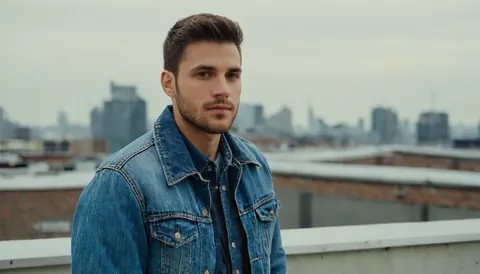 Young man in denim jacket on city rooftop with blurred skyline behind him