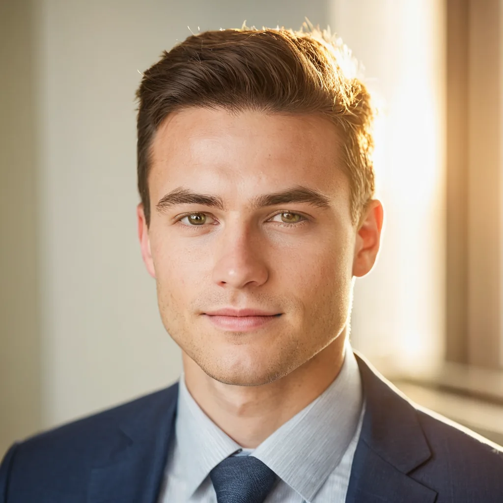 Young man in navy suit and light blue shirt standing in soft golden sunlight with calm confident expression