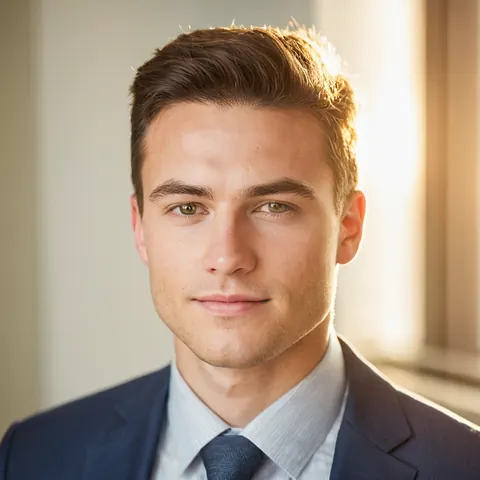 Young man in navy suit and light blue shirt standing in soft golden sunlight with calm confident expression