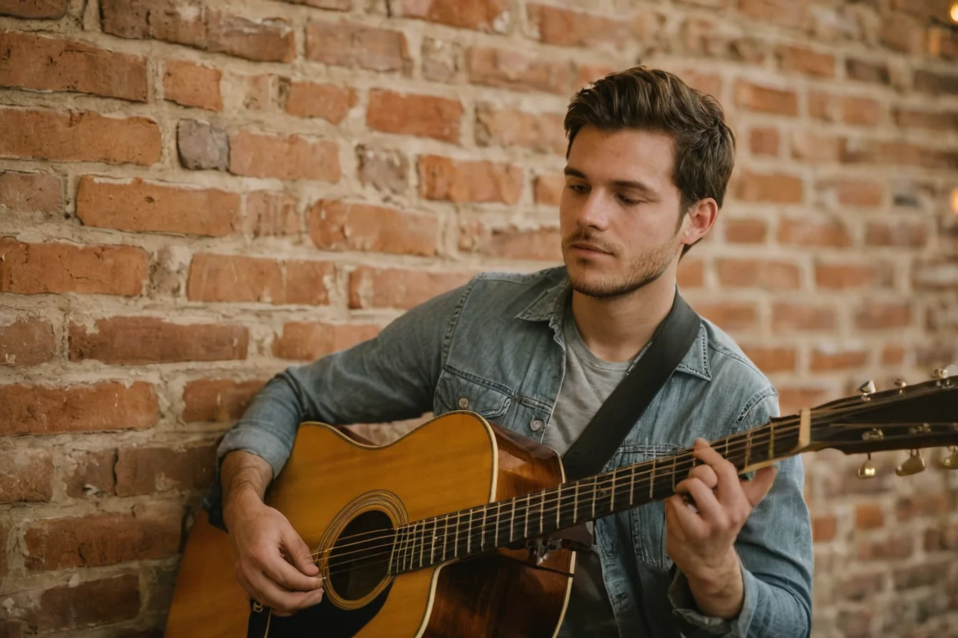 Young man playing acoustic guitar against brick wall